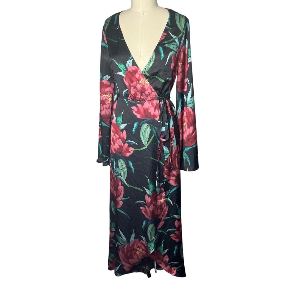 Show Me Your Mumu Anita Wrap Midi Dress Small Black Red Ruby Bloom Floral